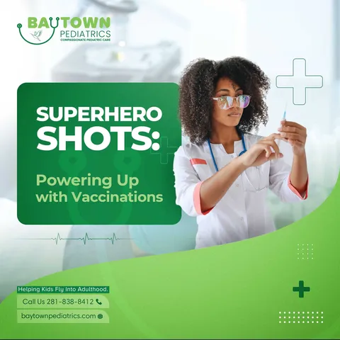 Baytown Pediatrics 'Superhero shots: powering up with vaccinations' post: pediatrician preparing a vaccine on green