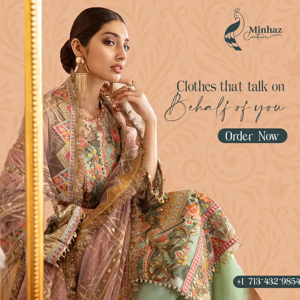 Minhaz Couture women's occasion-wear post 'Clothes that talk on behalf of you' on a peach layout