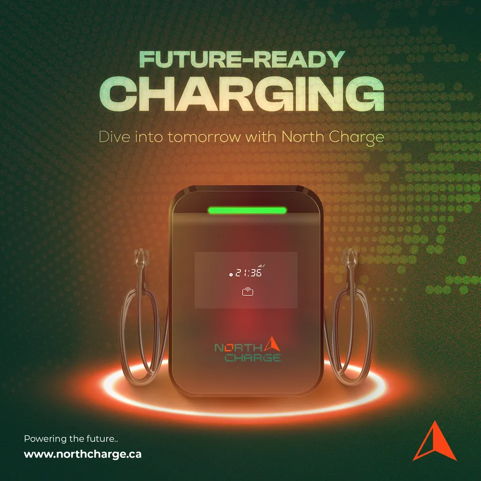 North Charge 'Future-ready charging' post with a glowing EV charger on a dark green background