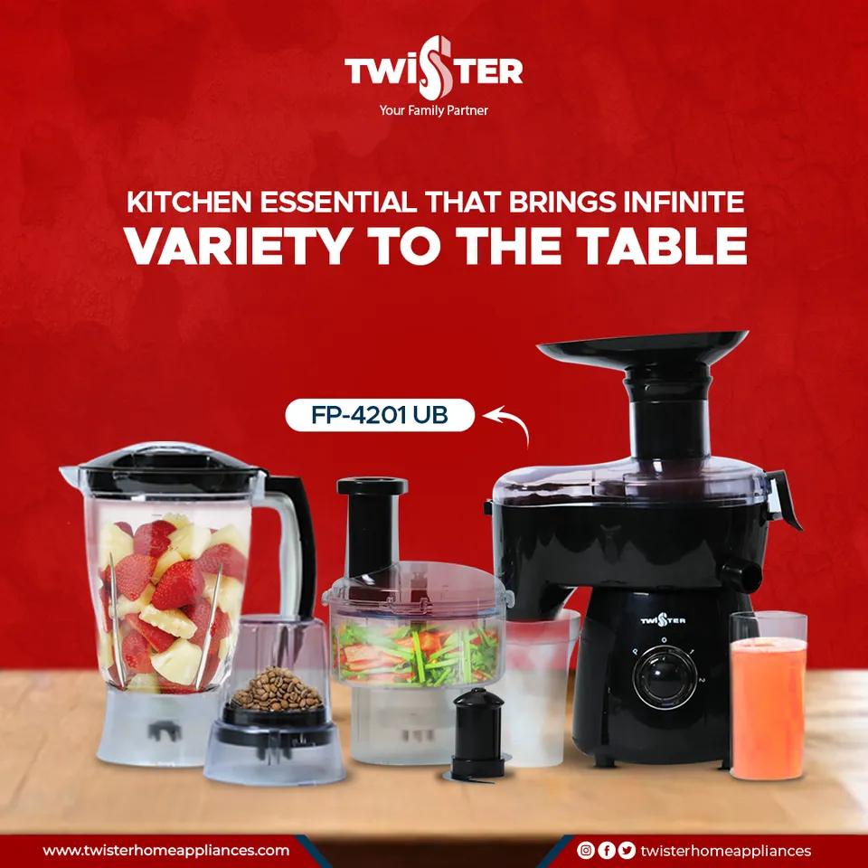 Twister food-processor post 'Kitchen essential that brings infinite variety to the table' on a red background