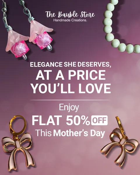 The Bauble Store Mother's Day offer post: pink flower earrings and bow earrings, flat 50% off, on a plum gradient