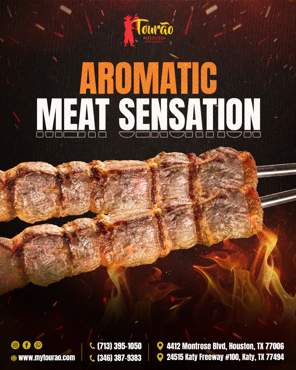 Tourao 'Aromatic meat sensation' post with grilled skewers on a dark ember background
