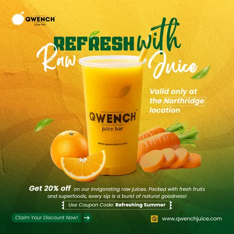 Qwench Juice Bar 'Refresh with raw juice' post: orange juice cup with oranges and carrots, discount coupon