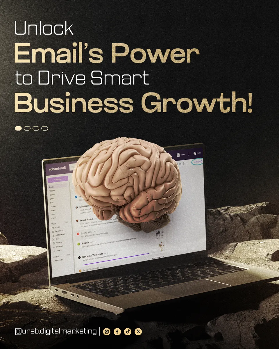 Ureb Digital Marketing 'Unlock email's power to drive smart business growth' post: brain on a laptop showing an inbox