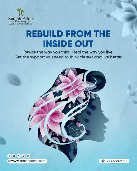 Kemah Palms Recovery 'Rebuild from the inside out' post: woman's profile with flowers on light blue