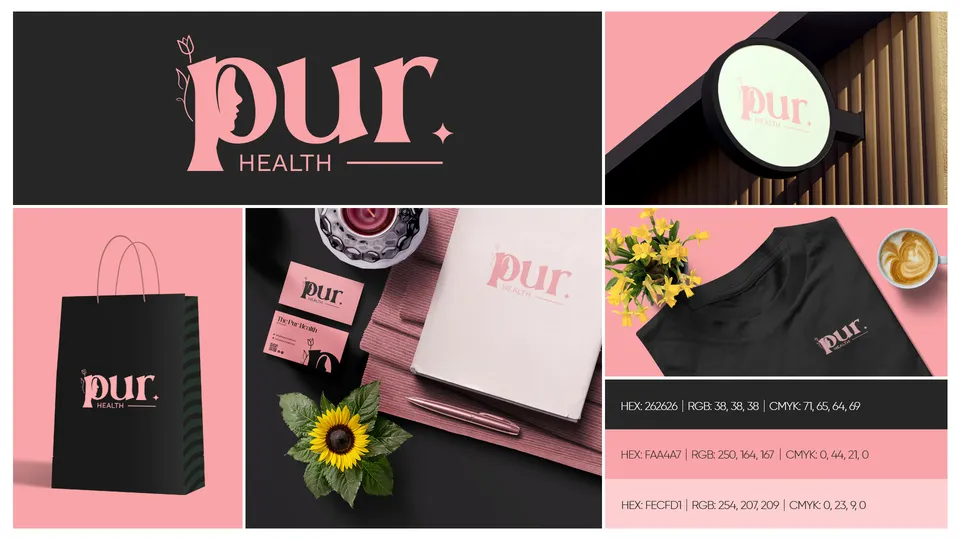 Pur Health logo and brand identity board in pink and black with bag and stationery mockups