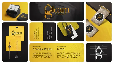Gleam by Aamnah B identity board: gold ring mark, wordmark, earring card, pouch, tag and typefaces Analogist and Nexa