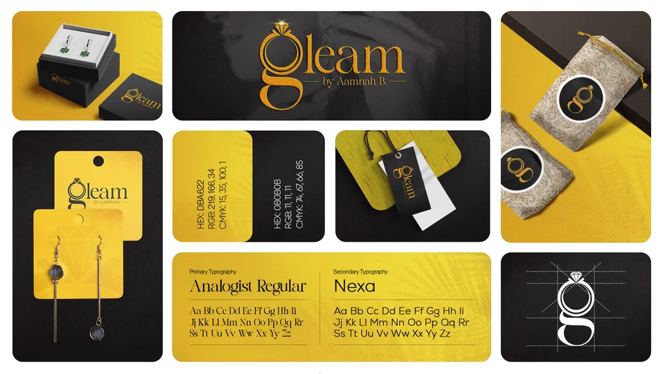 Gleam by Aamnah B. logo and brand identity board with gold palette and gold-accent product mockups